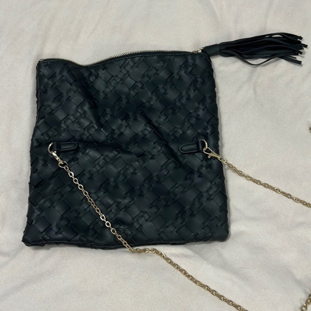 Urban Expressions black certified vegan woven crossbody fringe pull
